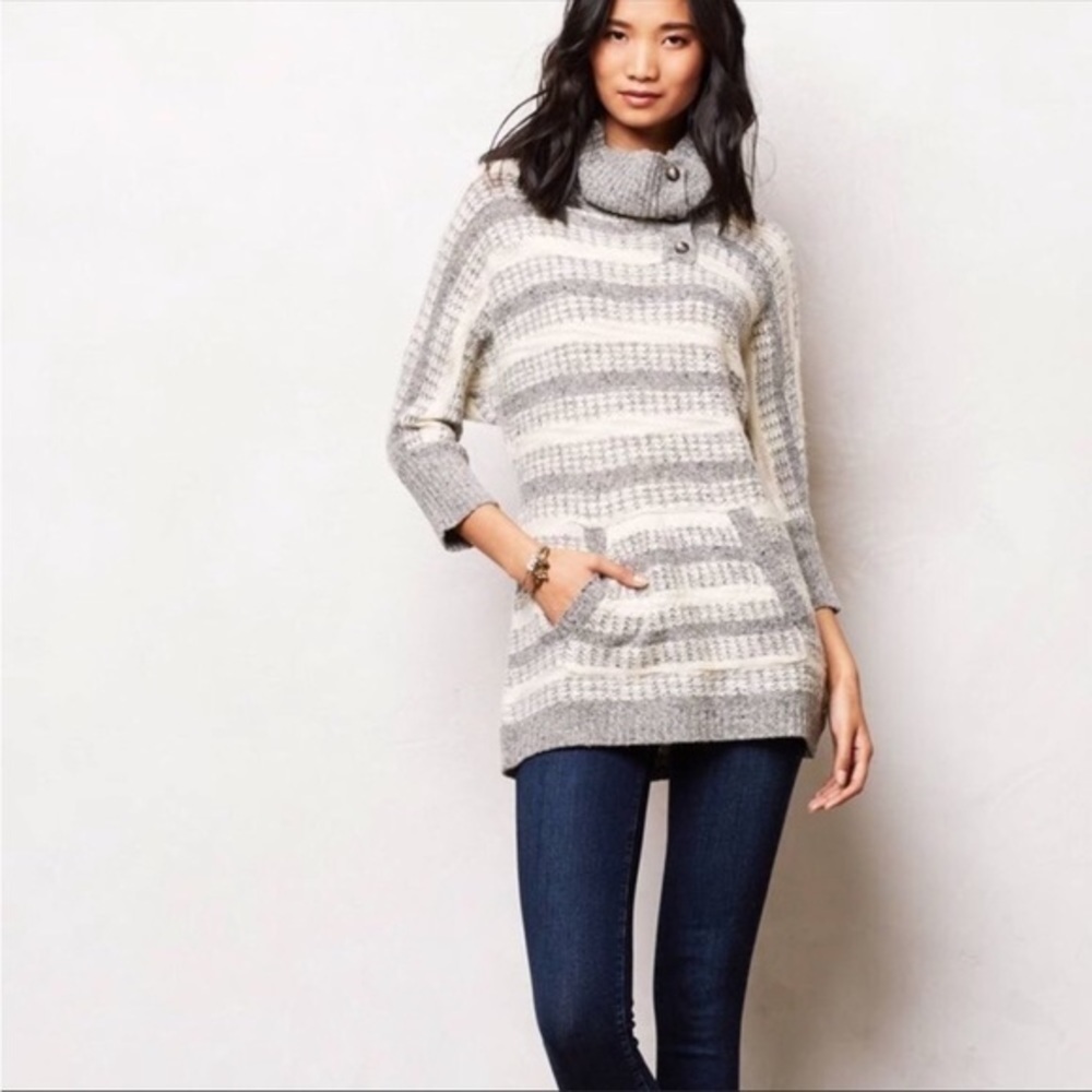 ANTHRO CHANGE OF THE MOON GLISSANDO IVORY GRAY STRIPED COWL SWEATER S